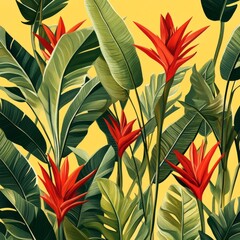 Wall Mural - tropical illustration in digital art style, lush green foliage and bright red flowers, warm yellow b