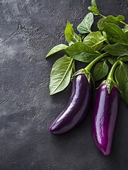 Poster - Freshly harvested ripe eggplants with green leaves on dark textured background for culinary use : Generative AI