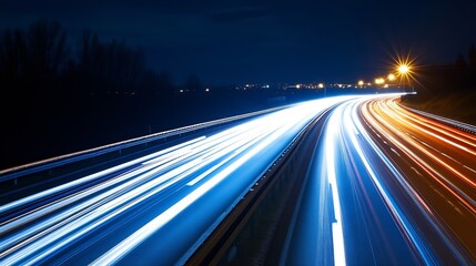Poster - Long exposure night traffic on highway with light trails from moving vehicles : Generative AI