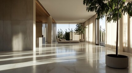 Aufkleber - Modern minimalist interior design with large windows and natural light in a spacious room : Generative AI