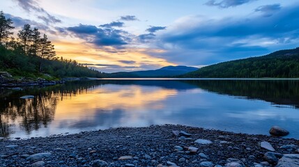 Aufkleber - Serene Landscape Reflected in Calm Lake at Sunset with Rocky Shoreline : Generative AI