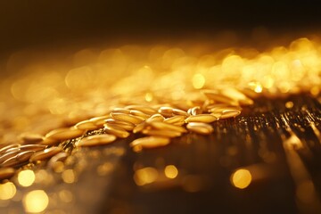 Aufkleber - Close-up of golden wheat grains on rustic wooden table with warm lighting and soft reflections showcasing premium food concept