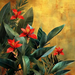 Wall Mural - tropical plants in digital art, rich green leaves and bright red flowers, warm golden background, cl