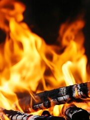 Leinwandbilder - Dramatic closeup of vibrant flames consuming charred logs in a mesmerizing display of fire : Generative AI