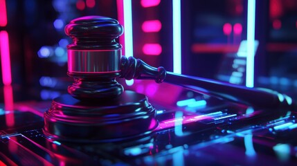 Aufkleber - Gavel on futuristic digital surface, neon lights.