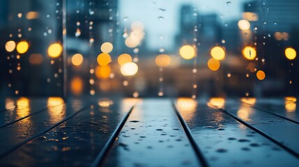 Aufkleber - Raindrops on window pane with blurred city lights creating a hauntingly beautiful scene : Generative AI