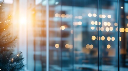 Leinwandbilder - Abstract view of modern office windows reflecting sunlight with a hint of winter greenery : Generative AI