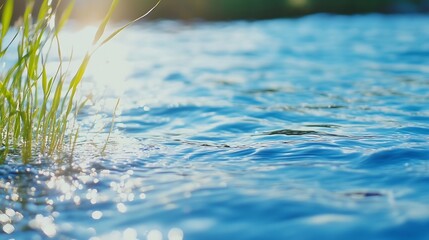 Poster - Glistening blue water surface gently rippling with hints of lush greenery at the shoreline : Generative AI