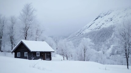 Aufkleber - Charming wooden cabin nestled in a snowy winter landscape surrounded by frostcovered trees and mountains : Generative AI