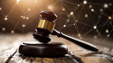 Aufkleber - Gavel on wooden surface with network background.