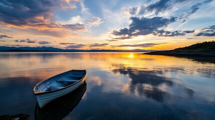 Aufkleber - Serene sunset over calm waters with a single boat anchored reflecting the colorful sky and clouds : Generative AI