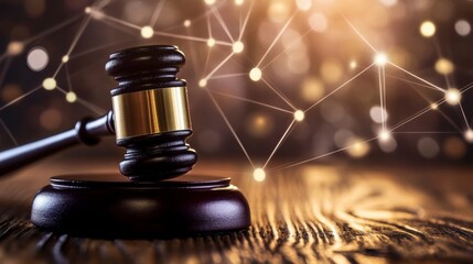 Aufkleber - Gavel on wooden surface with blurred network background.