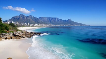 Wall Mural - Stunning view of Table Mountain and the coastline with turquoise water and sandy beaches in South Africa : Generative AI