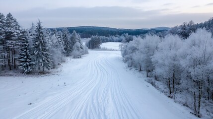 Aufkleber - Winter wonderland scene featuring snowcovered trees and a winding path in a tranquil landscape under a soft grey sky : Generative AI