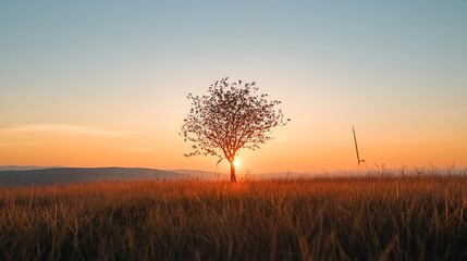 Poster - Solitary Tree at Sunset over a Wheat Field with Golden Light Creating a Beautiful Scene : Generative AI