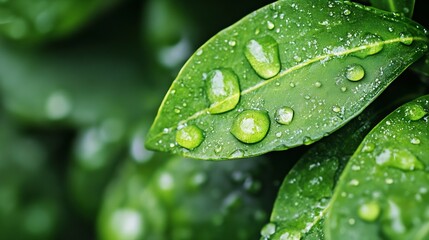 Aufkleber - Fresh Green Leaves Covered in Water Drops After Rain : Generative AI