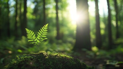 Poster - New green fern growing on a mossy ground illuminated by soft sunlight in the forest : Generative AI