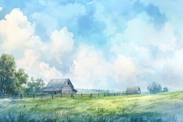 Fototapete - Delicate watercolor painting of a traditional farm with green fields and rustic barn under a soft blue sky