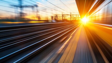 Aufkleber - Dynamic Sunset with Blurred Train Tracks and Bright Sunlight in a Modern City Environment : Generative AI