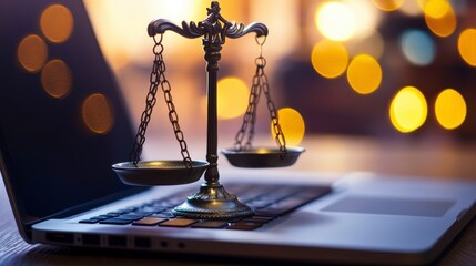 Poster - Justice scales on laptop keyboard; bokeh background.