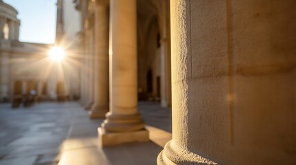 Aufkleber - Stunning architectural details of columns with sunlight streaming through creating a warm atmosphere : Generative AI