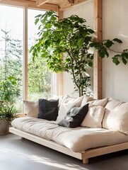 Poster - Cozy living room setting with a plush beige sofa adorned with pillows and greenery from large windows : Generative AI