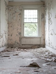 Aufkleber - Deteriorating interior of an abandoned room featuring peeling paint and natural light through a window : Generative AI