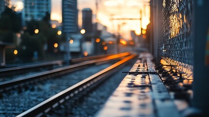 Poster - Urban Sunset View Over Train Tracks with Bright Lights and Blurred Background : Generative AI