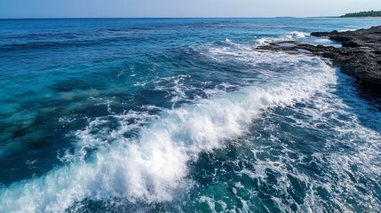 Leinwandbilder - Breathtaking Wave Crashing Into Rocky Shore Under Clear Blue Sky : Generative AI