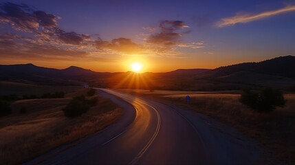 Aufkleber - Winding Country Road Leading Towards a Beautiful Sunset in the Mountains : Generative AI