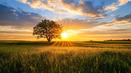 Aufkleber - Beautiful sunset illuminating a peaceful field with a solitary tree surrounded by golden light and vibrant clouds : Generative AI