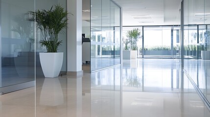 Poster - Modern office interior featuring glass walls and green plants providing a bright and airy workspace : Generative AI