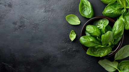 Aufkleber - Vibrant fresh spinach leaves elegantly arranged in a dark bowl on a solid black surface : Generative AI