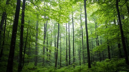 Aufkleber - Lush Green Forest with Tall Trees Under Soft Light Displaying Vibrant Nature and Tranquility : Generative AI