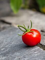 Aufkleber - Fresh ripe cherry tomato with green leaves resting on a stone surface symbolizing healthy living : Generative AI