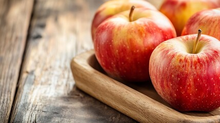 Poster - Fresh red apples arranged on a wooden serving tray amidst a rustic kitchen setting : Generative AI