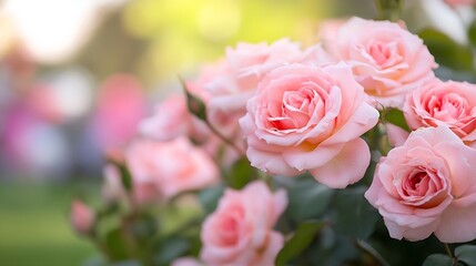 Poster - Beautiful Clusters of Soft Pink Roses Blossoming in Natural Garden Setting : Generative AI