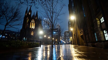 Aufkleber - Illuminated city streets at night featuring a gothic style church amid a modern skyline : Generative AI