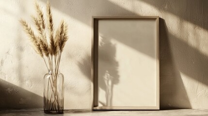 Wall Mural - Empty frame, pampas grass, neutral tones