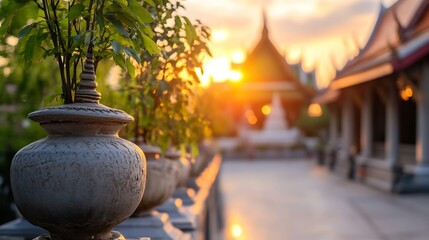 Aufkleber - Stunning view of a peaceful temple courtyard at sunset with lush green plants and warm light : Generative AI