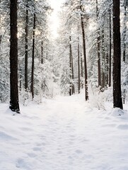 Aufkleber - Serene snow covered forest trail with footprints leading through tall trees in winter : Generative AI