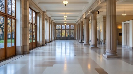 Poster - Elegant interior of a spacious building corridor featuring tall columns and large windows : Generative AI