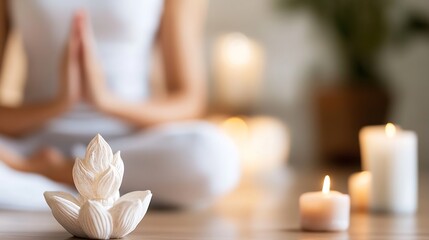 Poster - Peaceful meditation scene with candles and a serene figure practicing mindfulness in soft light : Generative AI