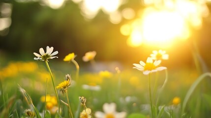Aufkleber - Beautiful Macro View of Flowers Blooming in Green Field Under Bright Sunlight at Golden Hour : Generative AI