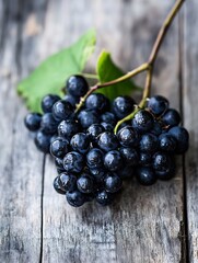 Poster - Vibrant cluster of fresh black grapes on wooden surface showcasing natural beauty and health benefits : Generative AI