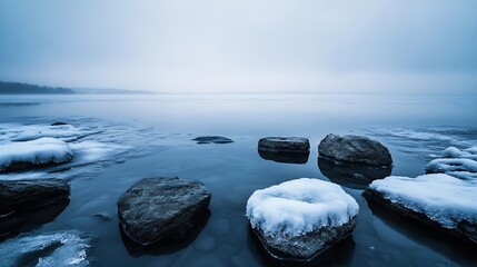 Poster - Still winter lake scene with ice and rocks under foggy gray skies : Generative AI