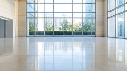 Poster - Spacious modern interior with large glass windows and polished marble floor highlighting open design and natural light : Generative AI
