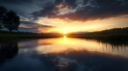 Poster - Breathtaking sunset reflection over calm waters with trees on the horizon : Generative AI