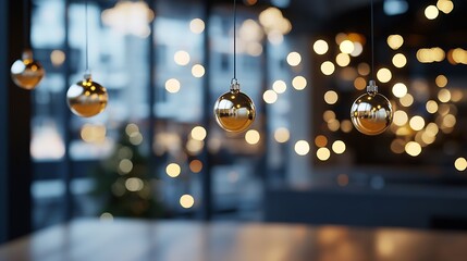 Poster - Closeup of decorative golden ornaments hanging with a soft focus bokeh background : Generative AI
