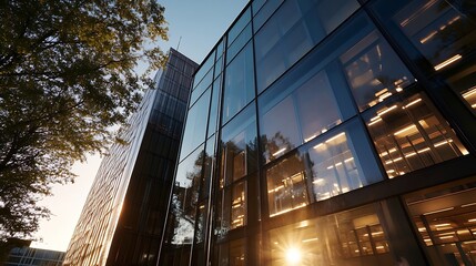 Aufkleber - Modern Glass Buildings Reflecting Beautiful Evening Light Creating Stunning Urban Aesthetics : Generative AI